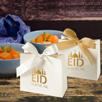 20 Pack Eid Party Favor Box, Eid Moon Candy Box, Ramadan Mubarak Party Goodie Box, DIY Eid Treat Paper Box with Ribbon Bow, Islam Muslim Wedding Festival Candy Box, Chocolate Cookie Souvenir Boxes for Eid Party Supplies Gold Castle Goodie Present Bag - co