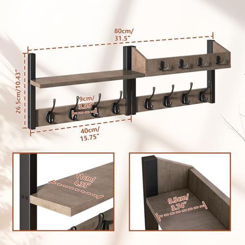 YMYNY 31.5" Coat Rack Wall Mount with Shelf, 4 in 1 Key and Coat Hanger with 12 Metal Hooks, Wall Shelf with Hooks & Mail Holder for Living Room, Bedroom, Silver Gray, HWS007Y-2 - color: Silver Gray, size: 31.5" - 4-in-1