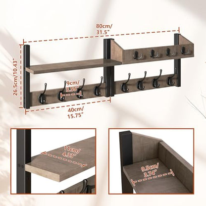 YMYNY 31.5" Coat Rack Wall Mount with Shelf, 4 in 1 Key and Coat Hanger with 12 Metal Hooks, Wall Shelf with Hooks & Mail Holder for Living Room, Bedroom, Silver Gray, HWS007Y-2 - color: Silver Gray, size: 31.5" - 4-in-1