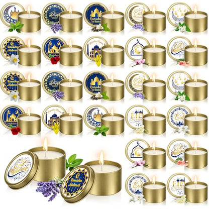 Nuanchu 24 Pack Eid Mubarak Scented Candles Gift 2 oz Blue Gold Star and Moon Design Ramadan Aromatherapy Soy Wax Jars Lasting Bulk Favors for Home Islamic Holiday Party Decor - style: Blue Gold Star and Moon Design