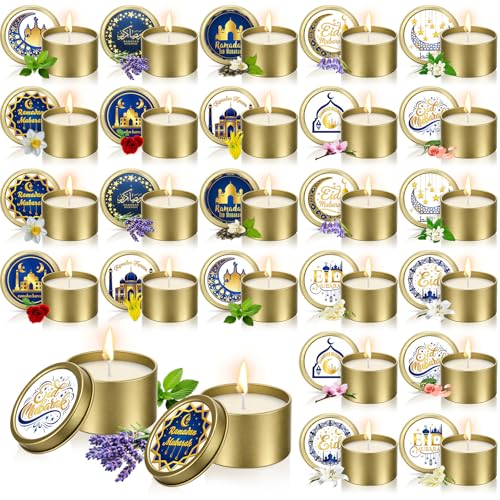 Nuanchu 24 Pack Eid Mubarak Scented Candles Gift 2 oz Blue Gold Star and Moon Design Ramadan Aromatherapy Soy Wax Jars Lasting Bulk Favors for Home Islamic Holiday Party Decor - style: Blue Gold Star and Moon Design