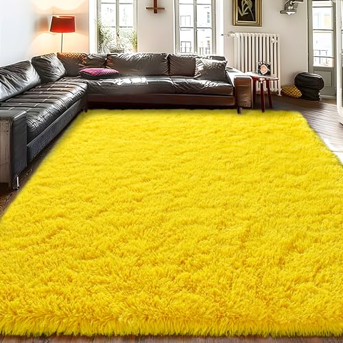 Soft Shag Fluffy Living Room Rug 5x7 Yellow Washable - color: Yellow, size: 5' x 7' (Rectangular)