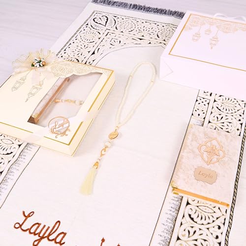 IEF Personalized Wedding Gifts Prayer Mat, Eid Gifts Quran Prayer Beads Set Birthday Gifts for Women Mother's Day Gifts Anniversary Gift Chenille Prayer Rug Pearl Prayer Beads Arabic Quran (Beige) - color: Beige