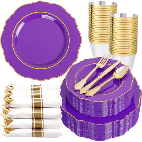 Liacere 350PCS Purple Plastic Plates-Disposable Purple and Gold Plates 50 guest Baroque Plastic Dinnerware include 100Plates,50Pack Pre Rolled Napkins with Silverware 50Cups for Wedding & Party - color: Purple
