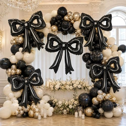 Black Bow Balloons, 6 Pcs Cutout Foil for Wedding Engagement Bridal Party - style: Hollow Bow Black