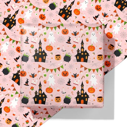 Cuitpan Halloween Wrapping Paper - Spooky Gift Wrap with Pumpkins, Ghosts, Haunted Houses & Bats Design - Perfect for Kids & Adults Halloween Presents - 40×28 Inches, 4 Folded Sheets - color: Pink-Halloween