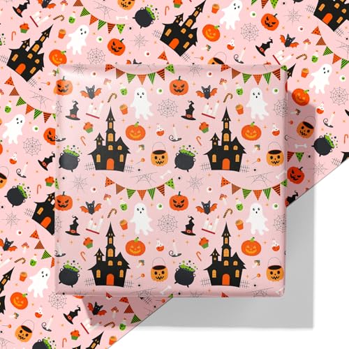 Cuitpan Halloween Wrapping Paper - Spooky Gift Wrap with Pumpkins, Ghosts, Haunted Houses & Bats Design - Perfect for Kids & Adults Halloween Presents - 40×28 Inches, 4 Folded Sheets - color: Pink-Halloween