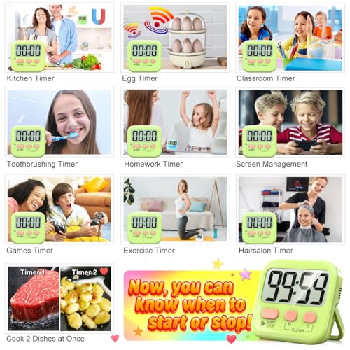 2 Pack Digital Timer for Kids Classroom Kitchen Timers for Cooking | w/ Battery, Easy to View, Alarm, Mute Mode, Count Down/Up, Magnetic, Kickstand, Hanging, Classroom Timer for Teacher Supplies - color: Light Green