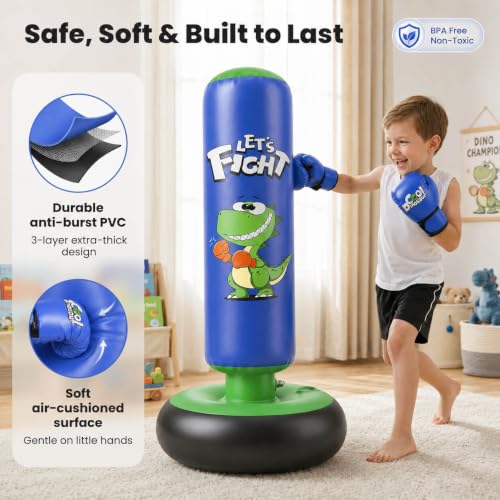 Inflatable Punching Bag, 48" Punching Bag for Kids with Boxing Gloves, Stable Boxing Set for Karate, Taekwondo,Dinosaur Toy & Gifts for Boys 3 4 5 6 7 8 Year Old - color: Blue