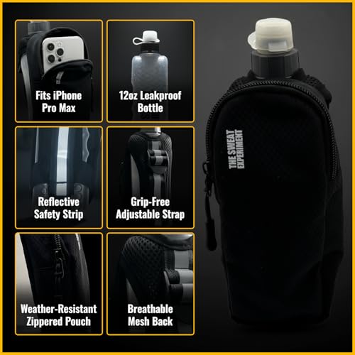 Handheld Running Water Bottle with Large Phone Holder – 12oz Grip-Free Hydration Flask with Pocket for Cards & Keys – Adjustable Strap for Walking, Running, Hiking