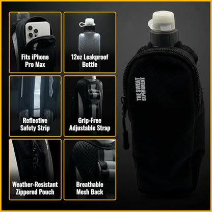 Handheld Running Water Bottle with Large Phone Holder – 12oz Grip-Free Hydration Flask with Pocket for Cards & Keys – Adjustable Strap for Walking, Running, Hiking
