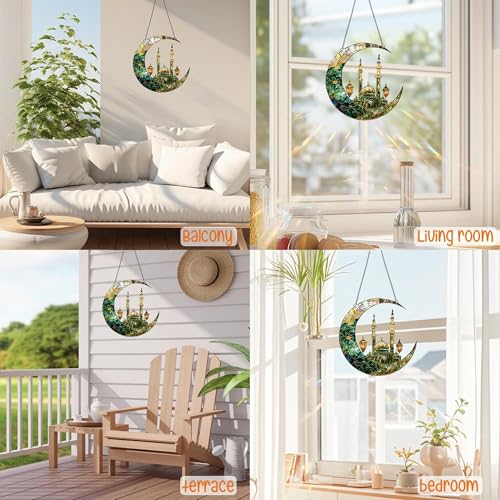 Crescent Moon Mosque Lantern Acrylic Suncatcher with Hanging Chain, Islamic Style Window Decor for Home, Patio, Garden,Ideal Present for Ramadan, Eid, Housewarming/YX-43