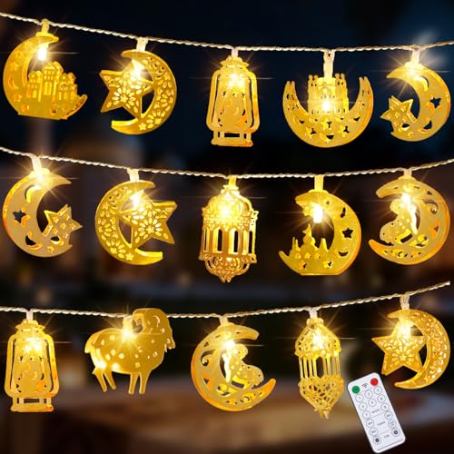 Ramadan Eid Mubarak Lights, Metal Islamic Lantern Moon Decor Lights with Remote Control, 8 Lighting Modes & 2 Brightness, Ideal for Eid Home Party Fireplace Wall Decor Indoor - style: Eid Decorations