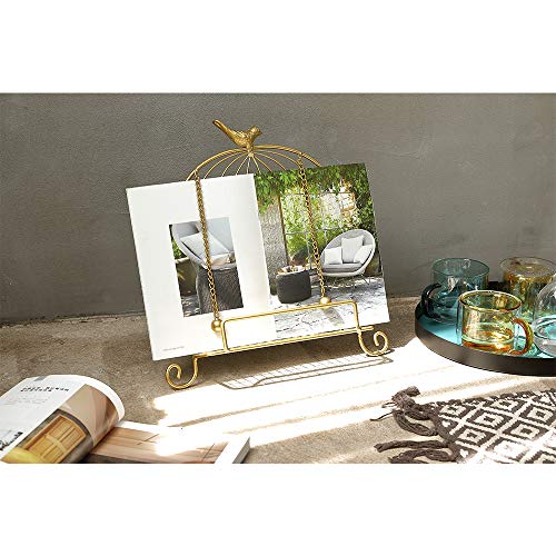 Jemeni Cookbook Stand for Kitchen, A Recipe Easel is Metal Birdcage Shaped | Metal Cookbook Stand with 2 Weighted Chains, Gold