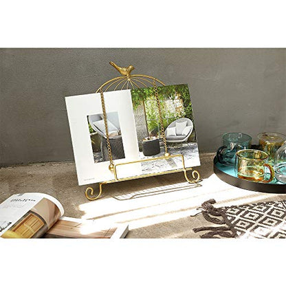 Jemeni Cookbook Stand for Kitchen, A Recipe Easel is Metal Birdcage Shaped | Metal Cookbook Stand with 2 Weighted Chains, Gold