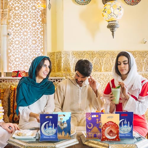 40pcs Eid Mubarak Favor Bags with Die Cut Handles, 4 designs - Muslim Mosque Moon Stars Lantern Print Goodie Candy Snack Plastic Gift Bags Pouch for Eid Al-fitr Islamic Diwali Ramadan Theme Party Favor