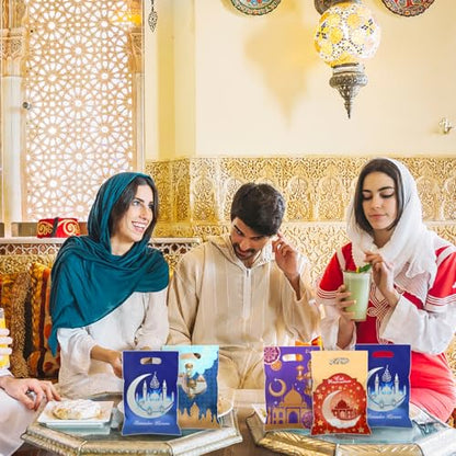 40pcs Eid Mubarak Favor Bags with Die Cut Handles, 4 designs - Muslim Mosque Moon Stars Lantern Print Goodie Candy Snack Plastic Gift Bags Pouch for Eid Al-fitr Islamic Diwali Ramadan Theme Party Favor