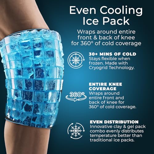 Cryogrid Knee Ice Pack Wrap - Reusable Cold Therapy Knee Ice Brace for Pain Relief, Swelling, Surgery Recovery, Arthritis, Patella & Meniscus Tear - Adjustable Compression Clay/Gel Wrap for Injuries