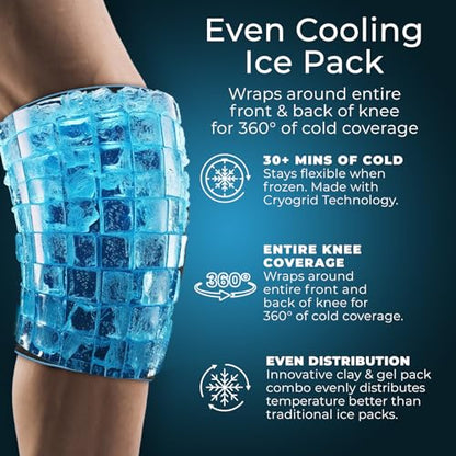 Cryogrid Knee Ice Pack Wrap - Reusable Cold Therapy Knee Ice Brace for Pain Relief, Swelling, Surgery Recovery, Arthritis, Patella & Meniscus Tear - Adjustable Compression Clay/Gel Wrap for Injuries