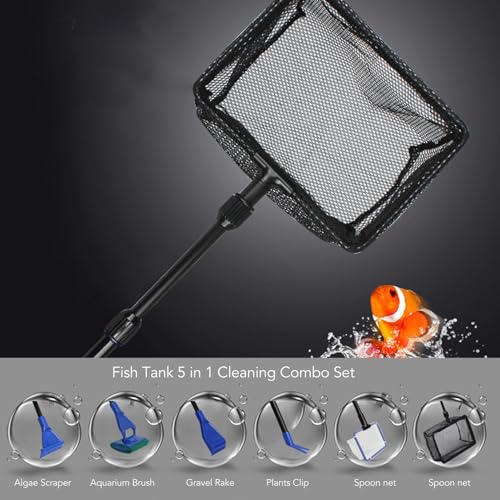 Fish Cleaning Tools, 5 in 1 Gravel Rake Scraper Plant Fork Sponge Brush Fish Net Comfortable Grip Aquarium Cleaning Tool Kit for Aquarium Telescopic Cleaning