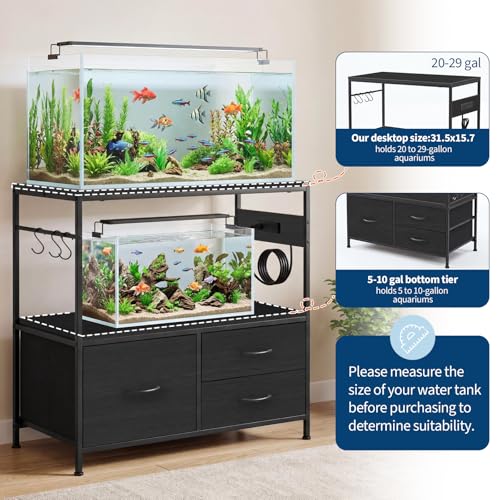 Garvee 20-29 Gallon Fish Tank Stand, Metal Double Aquarium Stand with Cabinet, Heavy Duty Reptile Terrarium Stand, for Home Office Fish Tank Shelf, 31.5" l x 15.7" w x 32.5" h, 330LBS Capacity, Black