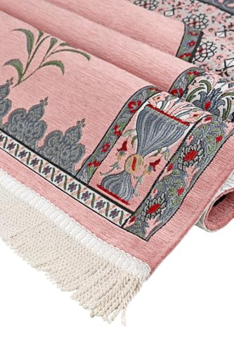Pink Mihrab Lale Pattern Embossed Prayer Rug 25.6 x 43.3 in | Special Weave Jacquard Cotton | Classic Ottoman Art Inspired | refined Islamic Worship Mat for Women and | Comfortable Prayer Experience -