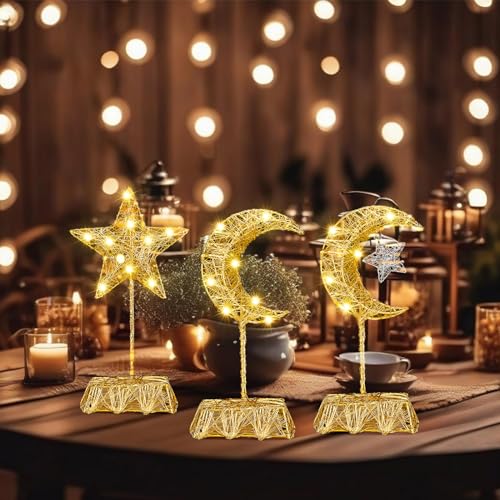 Baquler 3 Pcs LED Lighted Ramadan Moon and Star Ornament Gold Glittered Battery Operated Ramadan Decoration Table Decor for Indoor Home Bedroom Tabletop Centerpiece Holiday Party