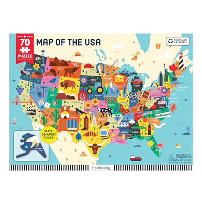 Mudpuppy Map Of The USA – 70 Piece Geography Puzzle with State-Shaped Pieces and Iconic Landscapes Cultural Items And More - style: Map of the USA