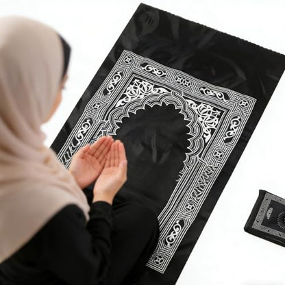 Portable Polyester Muslim Prayer Mat, Square Unnapped Woven Fabric with Directional Compass for Travel & Daily Prayer(Blue)