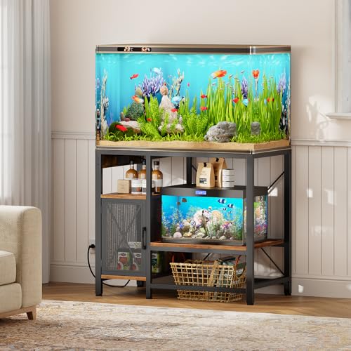 MAHANCRIS Mobile Printer Stand and Fish Tank Stand Bundle, 3-Tier Industrial Printer Cart with Power Outlets and 2 USB Ports, 40-50 Gallon Aquarium Stand with Storage Cabinet, PTHR78E01-FTHR50E01