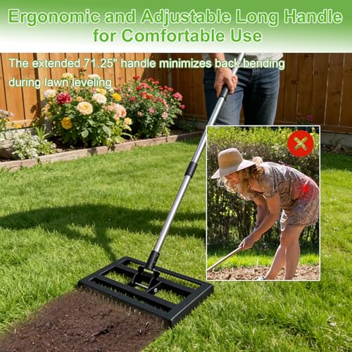 Lawn Leveling Rake 17"x10" for Soil, Gravel Leveling Tool Heavy Duty with Adjustable Long Handle, Garden Level Rake with Tines for Yard, Landscape, Leveling Sand, Grass, Dirt, Ergonomic & Durable - size: 17"x10"