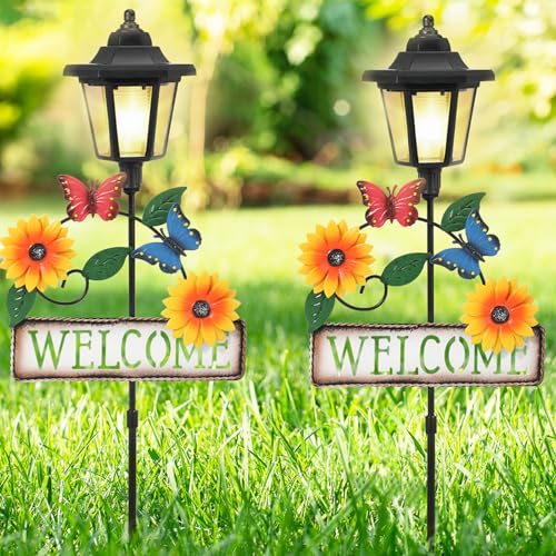 Lewondr 2 Pack Solar Garden Lights Butterfly with Welcome Sign - color: Yellow Flower