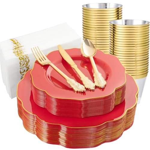 NOCCUR 175PCS Red Plastic Plates with Gold Disposable Silverware - Include 50 Red Gold Plastic Plates,25 Knives,25 Forks,25 Spoons,25 Cups and 25 Napkins - Ideal for Party/Hibachi Party/Wedding - color: Red Gold, size: 175 Pieces (25 Guests)