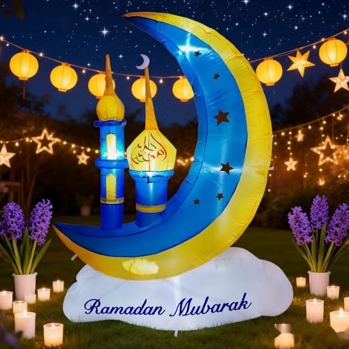 5FT Ramadan Mubarak & Eid Mubarak Decorations - Built-in LED Lights Ramadan Decor, Moon Cloud Star Mosque Design, Blow Up Islamic Decor for Home Yard Garden Lawn Party
