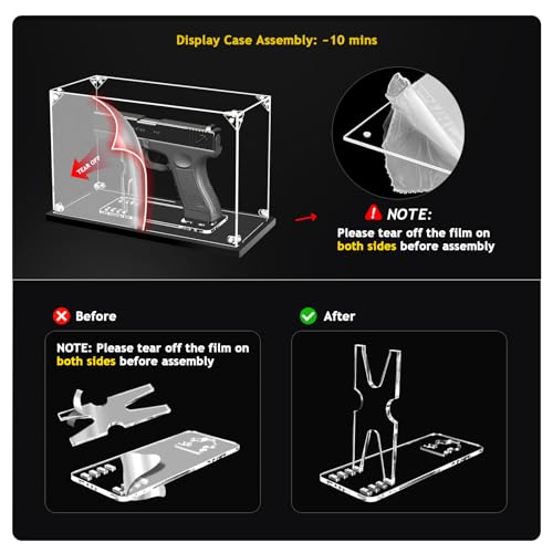 KOLIPI Gun Display Case, Clear Acrylic Showcasing Case for Pistol, Display Stand for Gun, Watch The Video to Assemble (11.5x4.7x7.1 inch, 29x12x18 cm) - size: Gun Display Case, 11.5x4.7x7.1 inch