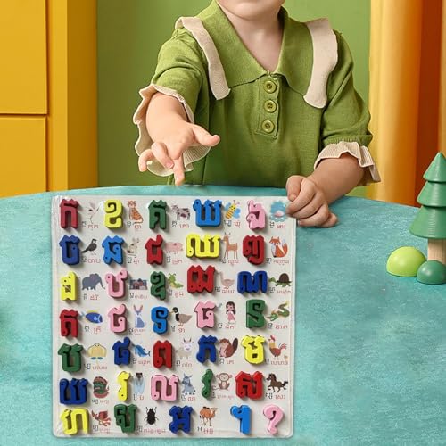 Alphabet Word Puzzle Wooden Alphabet Number Puzzle Letters Board Learning Toy Shape Matching Game Suitable for Classroom Parent Chil, Cambodian A - color: Cambodian a