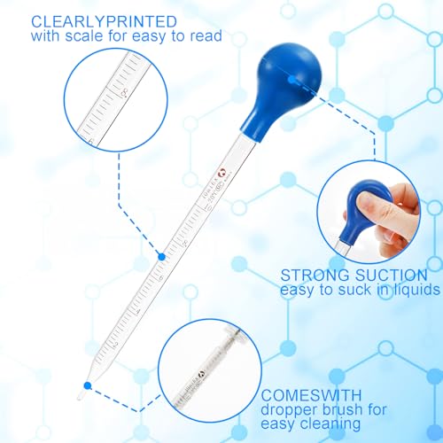 WUWEOT 10 PCS Thick Glass Droppers Pipettes, 10ml Graduated Lab Dropper Liquid Pipettes with 3 PCS Glass Stir Rod, 1PC Washing Brushes, Strong Suction Rubber Cap for Liquid Essential Oil
