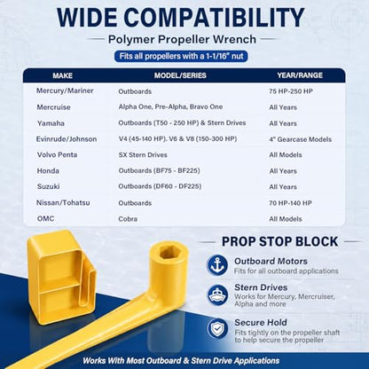 1-1/16" Boat Prop Wrench & PMPS-1-DP Prop Stop Block Kit, 91-859046Q4 Polymer Propeller Wrench - Works for Mercury Mercruiser Alpha, Fits All Outboard & Stern Drive Applications Light-Weight, Yellow