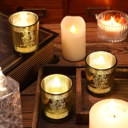 Teenyyou 4 Pcs Islamic Decorations Votive Candle Holders Bulk Eid Al Adha Gifts Hajj Mubarak Gold Glass Tealight Holders Table Decors Centerpiece for Muslim Desk Bedroom Home Office
