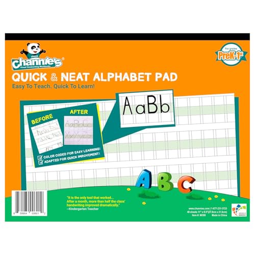 Channie’s Quick & Neat Alphabet Writing Pad, Practice Handwriting, 80 Pages Front & Back, 40 Sheets, Pre Kindergarten Books & First Grade Workbook, Homeschool Learning Supplies, Size 8.5” x 11” - style: Quick & Neat Alphabet Pad