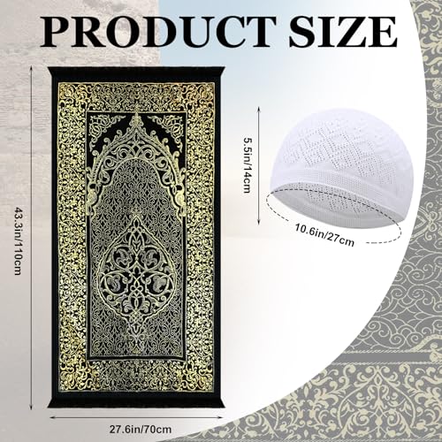 Mindsoft 10 Pcs Muslim Prayer Rug Islamic Prayer Mat with Kufi Hats Prayer Cap, Muslim Tasbih Prayer Beads, Portable Compass and Storage Bags for Men Women Kids Ramadan Eid Travel Gifts Black, Gold