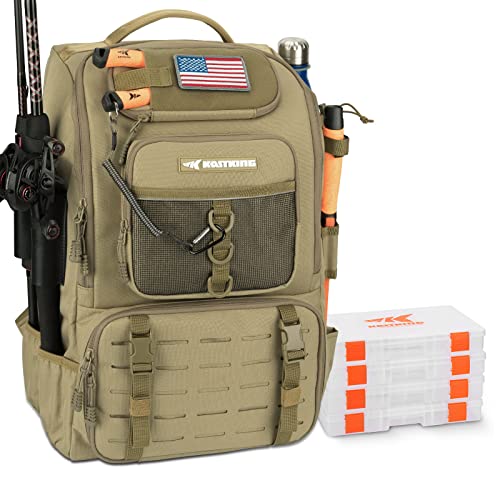 KastKing KarryAll Fishing Backpack with Rod Holder 4 Tackle Boxes, 40/26L | Tackle Bag Storage Fishing Gear and Equipment, Water‑Resistant Material, Fishing Gift for Men - color: B: Large (40 L) - Khaki