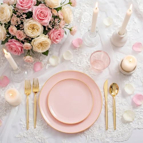 MirthMood 210PCS Pink Plastic Plates with Gold Rim – Plastic Plates Set Includes 30 Dinner,30 Dessert Plate,30 Cup&30 Napkins 90 Gold Silverware for Wedding & Birthday & Party - color: Pink, size: 210