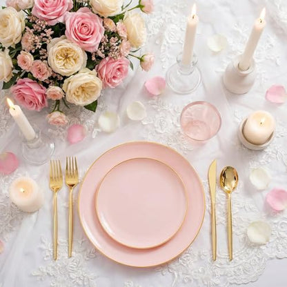 MirthMood 210PCS Pink Plastic Plates with Gold Rim – Plastic Plates Set Includes 30 Dinner,30 Dessert Plate,30 Cup&30 Napkins 90 Gold Silverware for Wedding & Birthday & Party - color: Pink, size: 210