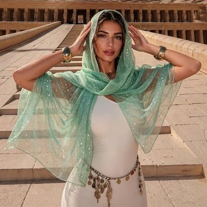 Sequin Scarf for Women Lightweight Mesh Shawl Wrap Bandana Hijab Headscarf for Summer Evening Dress - color: Lightblue