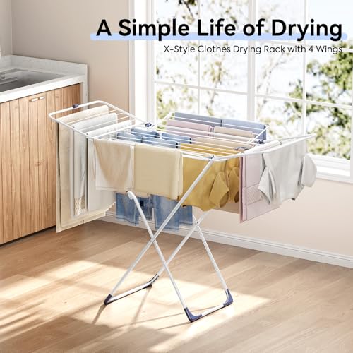 Clothes Drying Rack with 4-Gullwing, White, 55.12"*37.8"*17.52" | Foldable Free-standing Metal Drying Rack Clothing, Indoor & Outdoor Use, Space-saving, Dormitory, Balcony, Patio