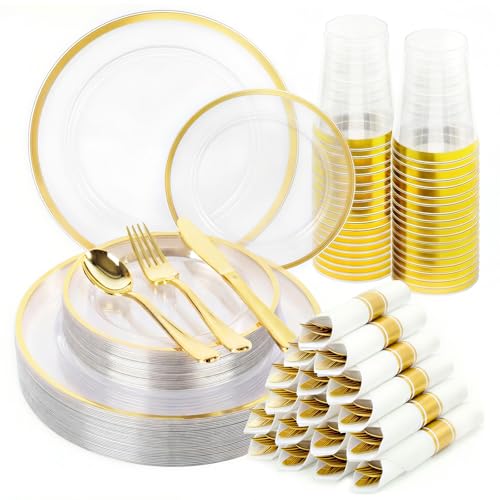 350pcs Plastic Dinnerware Set Clear & Gold - color: Gold, size: 350pcs（50guests）