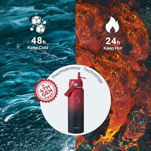 BUZIO 24 oz Insulated Water Bottle, Stainless Steel Wide Mouth Water Flask with Straw Lid, Cold for 48 Hrs Leak Proof Metal Hydro Thermo Canteen Mug, Red Navy - color: Ruby Red Navy, size: 24 Ounces