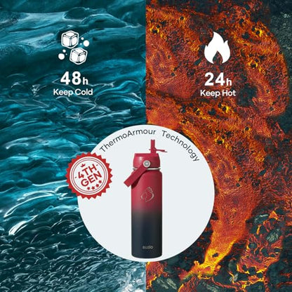 BUZIO 24 oz Insulated Water Bottle, Stainless Steel Wide Mouth Water Flask with Straw Lid, Cold for 48 Hrs Leak Proof Metal Hydro Thermo Canteen Mug, Red Navy - color: Ruby Red Navy, size: 24 Ounces