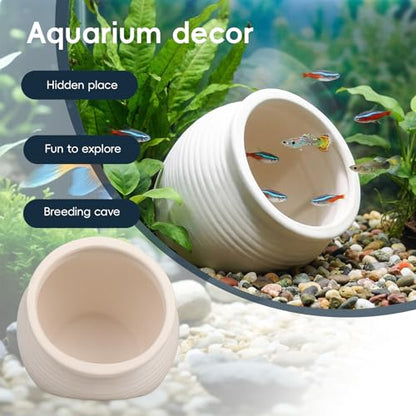 Fish Tank Ceramic Clay Pot for Hiding, Betta Fish Goldfish Hideout Aquarium Decorations, White